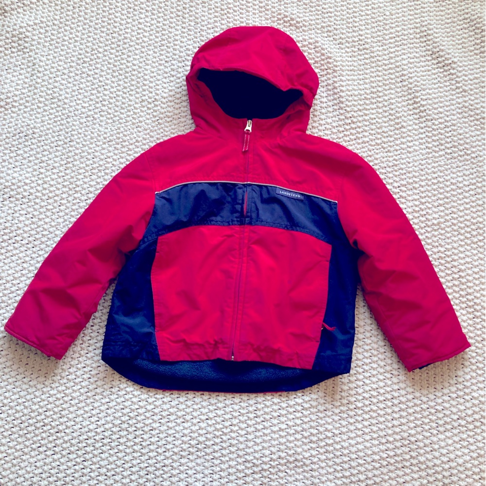 Lands’ End Kids Ski Jacket Snow Coat Red Navy Size 5-6 Hood